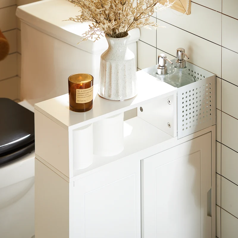 SoBuy BZR176-W Armoire Toilettes WC Support Papier Toilette, Armoire de Salle de Bain sur Roulettes, 2 Compartiments Ouverts
