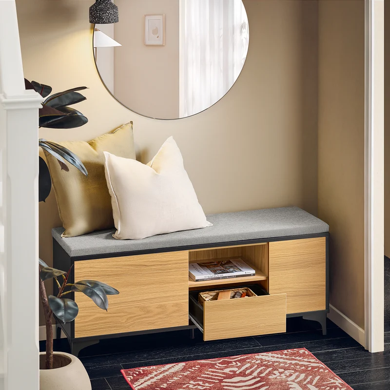 SoBuy FSR175-N Banc de Rangement, Banc à Chaussures, avec 1 Coussin Rembourré, 1 Tiroir et 2 Portes pour Entrée