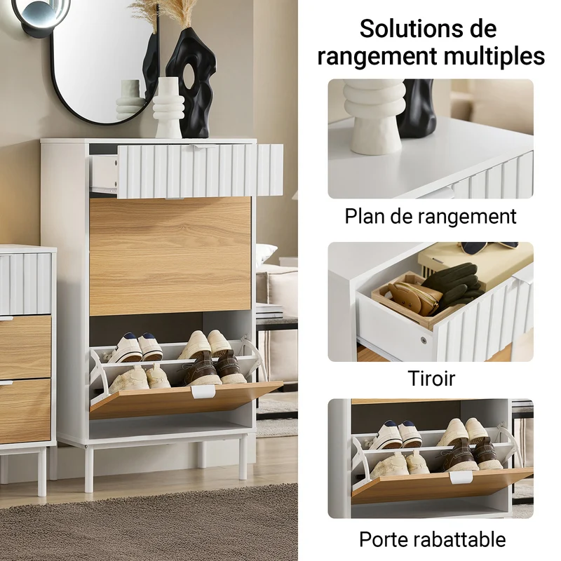 SoBuy FSR174-WN Armoire à Chaussures 2 Abattants et 1 Tiroir, Rangement pour Entrée Couloir – 60x35x110 cm, Blanc et Naturel