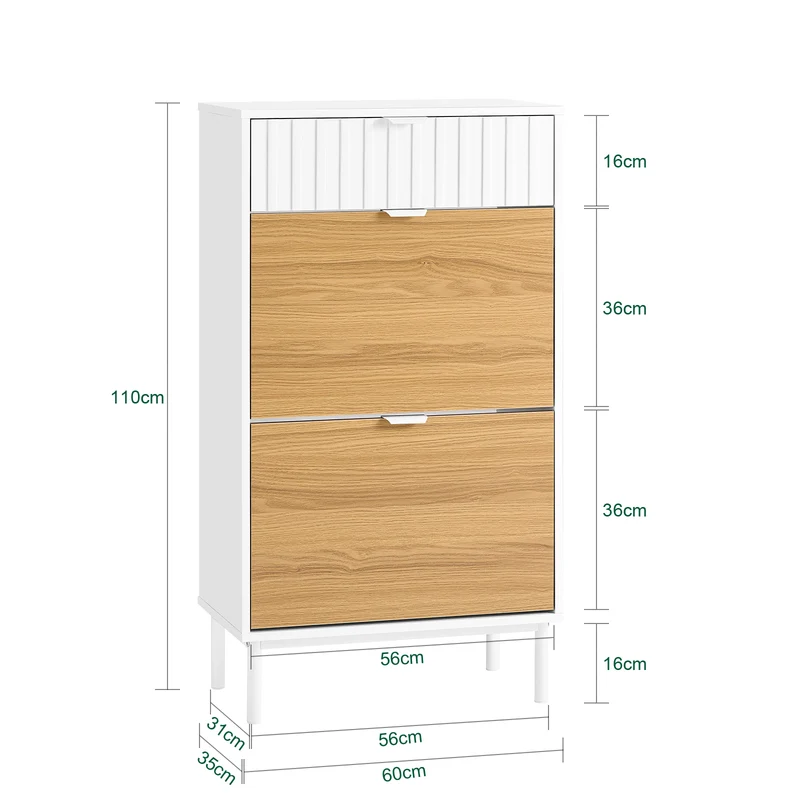 SoBuy FSR174-WN Armoire à Chaussures 2 Abattants et 1 Tiroir, Rangement pour Entrée Couloir – 60x35x110 cm, Blanc et Naturel