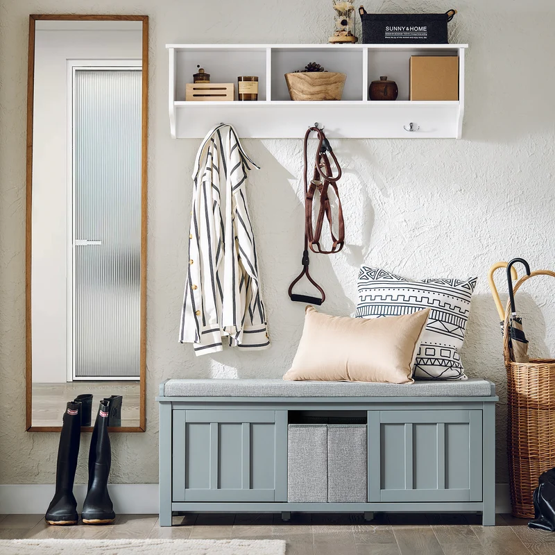 SoBuy FSR173-HG Banc de Rangement à Chaussures, Meuble à Chaussures, Meuble Bas avec 1 Coussin Rembourré, 1 Paniers et 2 Portes