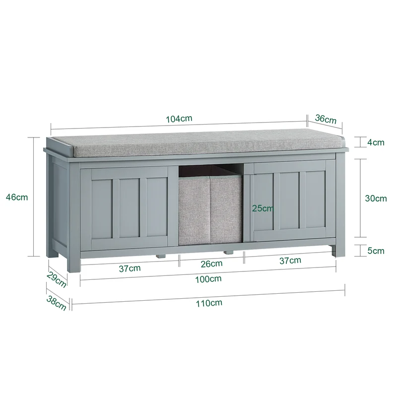 SoBuy FSR173-HG Banc de Rangement à Chaussures, Meuble à Chaussures, Meuble Bas avec 1 Coussin Rembourré, 1 Paniers et 2 Portes