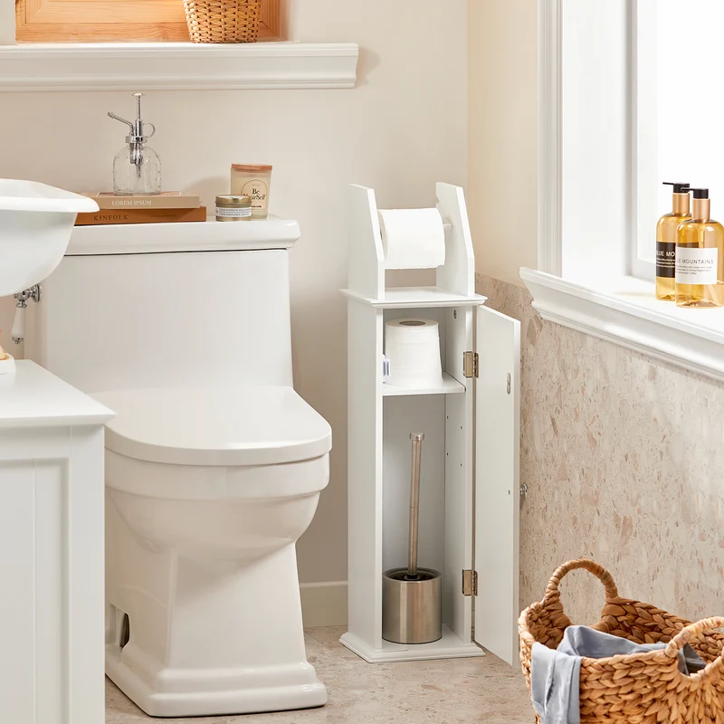 SoBuy BZR53-W Support Papier Toilette Armoire Toilettes Porte Brosse WC Meuble de Salle de Bain sur Pied en Bois ,20x18x79 cm