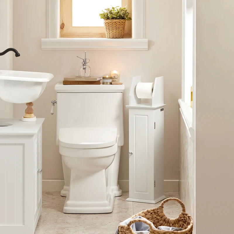 SoBuy BZR53-W Support Papier Toilette Armoire Toilettes Porte Brosse WC Meuble de Salle de Bain sur Pied en Bois ,20x18x79 cm