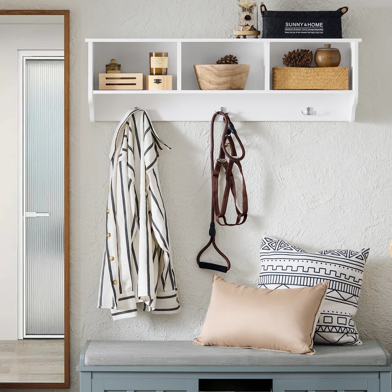 SoBuy FHK35-W Porte-Manteau Mural avec 3 Compartiments et 3 Crochets, pour Entrée et Couloir, Rangement Optimisé, Design Fonctionnel – L100×P20×H30 cm, Blanc