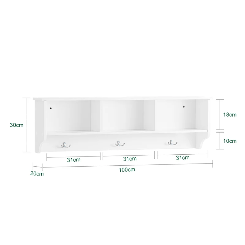 SoBuy FHK35-W Porte-Manteau Mural avec 3 Compartiments et 3 Crochets, pour Entrée et Couloir, Rangement Optimisé, Design Fonctionnel – L100×P20×H30 cm, Blanc