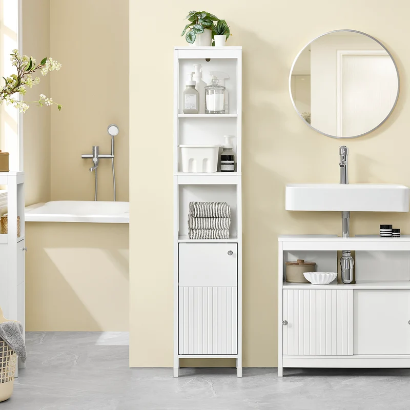 SoBuy BZR187-W Meuble Colonne de Salle de Bain, Armoire Haute, Placard de Rangement, 3 Compartiments Ouverts