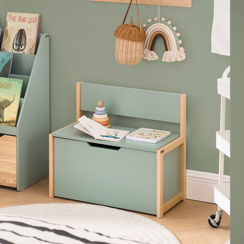 SoBuy KMB94-GR Banc Coffre à Jouet pour Enfants, Coffre de Rangement 2 en 1, Banc de Rangement avec Dossier pour Enfant