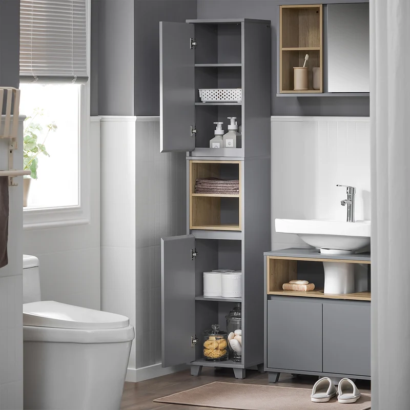 SoBuy BZR147-DG Meuble Colonne Armoire de Salle de Bain Étagère Étroite avec 2 Portes et 2 Compartiments