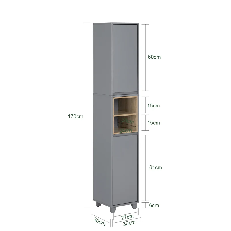 SoBuy BZR147-DG Meuble Colonne Armoire de Salle de Bain Étagère Étroite avec 2 Portes et 2 Compartiments