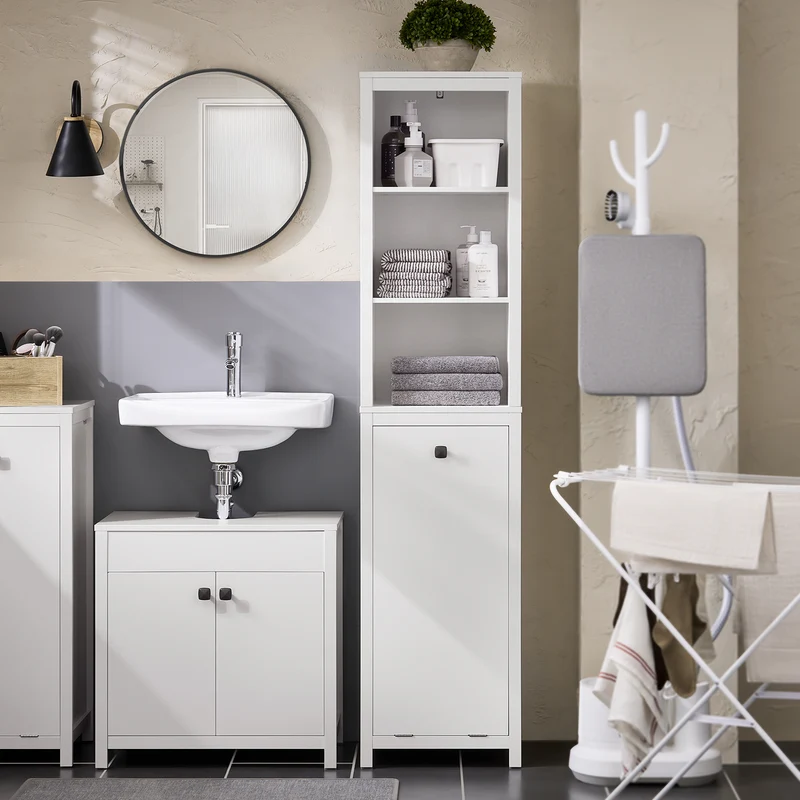 SoBuy BZR95-W Meuble Colonne de Salle de Bain, Étagère de Rangement avec 1 Panier à Linge et 3 Étagères