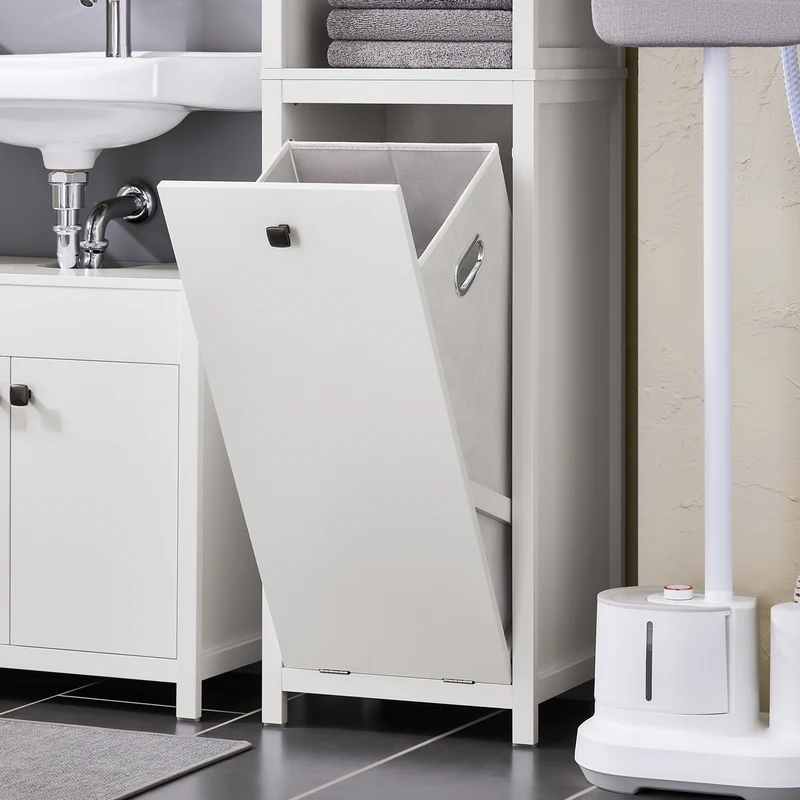 SoBuy BZR95-W Meuble Colonne de Salle de Bain, Étagère de Rangement avec 1 Panier à Linge et 3 Étagères