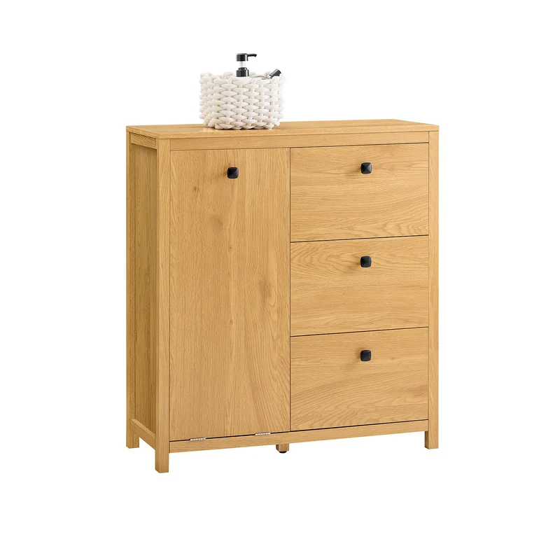SoBuy BZR97-SN Armoire à Linge avec Sac à Linge, Meuble Bas de Salle de Bain, Armoire Toilette avec 3 Tiroirs et 1 Panier à Linge