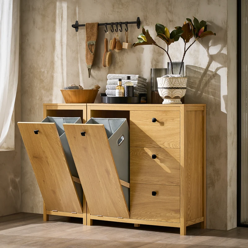 SoBuy BZR97-SN Armoire à Linge avec Sac à Linge, Meuble Bas de Salle de Bain, Armoire Toilette avec 3 Tiroirs et 1 Panier à Linge