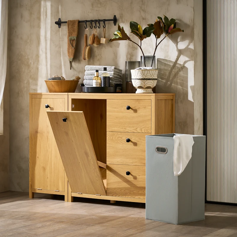 SoBuy BZR97-SN Armoire à Linge avec Sac à Linge, Meuble Bas de Salle de Bain, Armoire Toilette avec 3 Tiroirs et 1 Panier à Linge