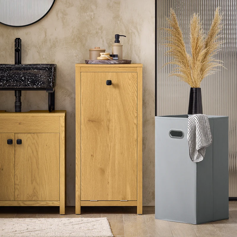 SoBuy BZR96-SN Armoire à Linge avec Sac à Linge, Meuble Bas de Salle de Bain, Coffre à Linge avec 1 Panier à Linge