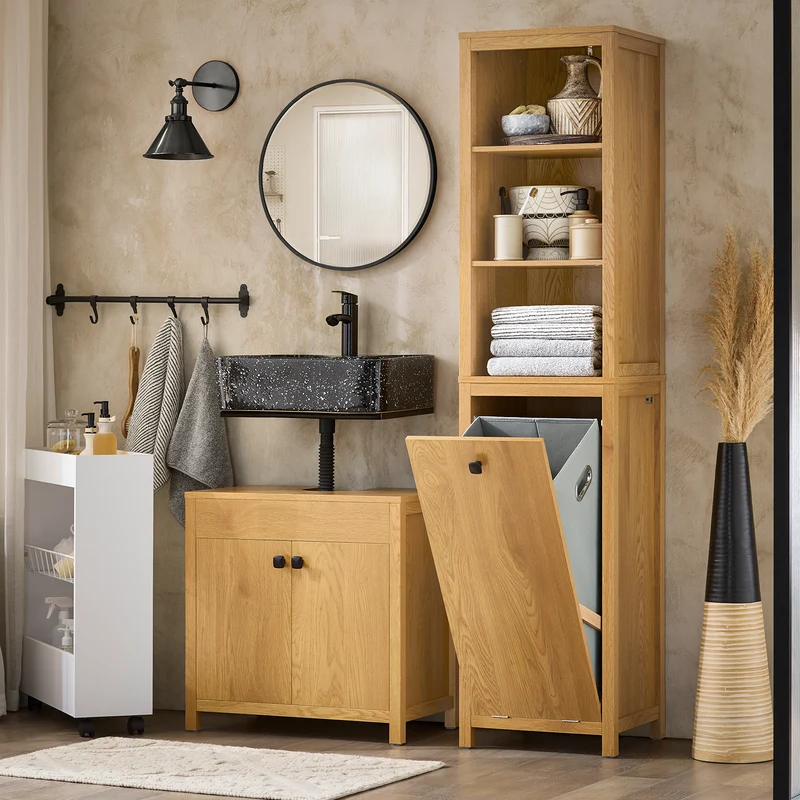SoBuy BZR95-SN Meuble Colonne de Salle de Bain, Armoire Haute, avec 1 Panier à Linge et 3 Étagères