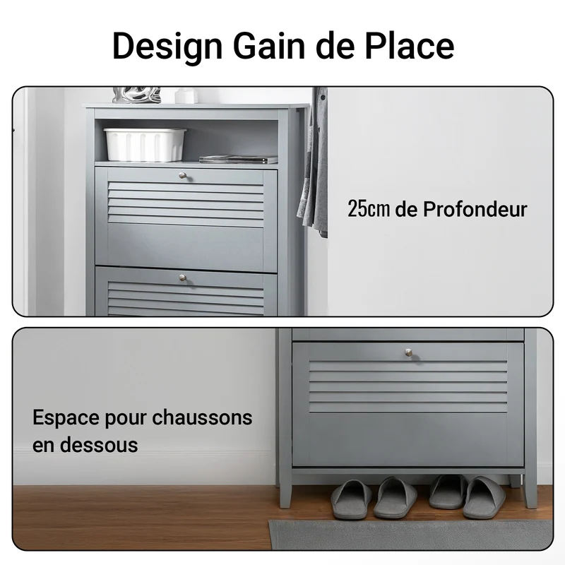 SoBuy FSR152-HG Armoire à Chaussures 2 Abattants, Rangement pour Entrée Couloir – 80x25x108 cm, Gris