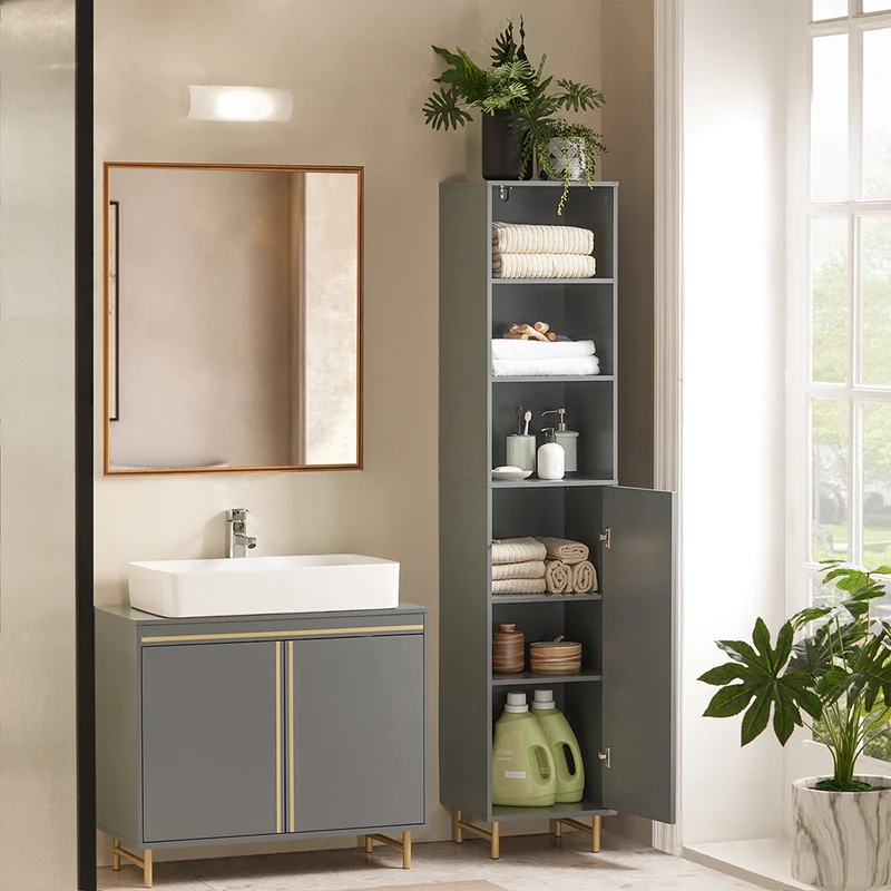 SoBuy BZR130-HG Meuble Colonne de Salle de Bain, Armoire Toilette Haute, Placard avec étagères réglables, et 3 niches Ouvertes