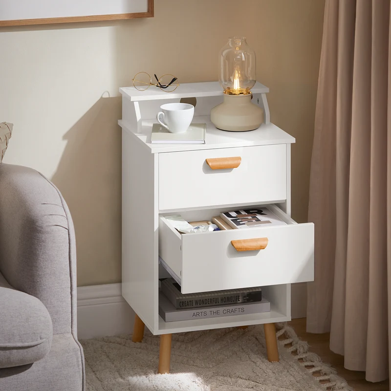 SoBuy FBT125-W Table de Chevet, Table de Nuit, Table d'Appoint, Bout de Canapé avec 1 Étagère, 2 Tiroirs et 1 Compartiment Ouvert