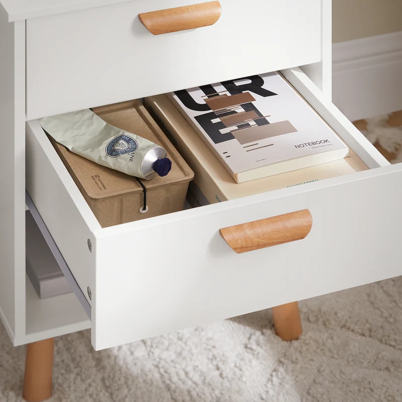 SoBuy FBT125-W Table de Chevet, Table de Nuit, Table d'Appoint, Bout de Canapé avec 1 Étagère, 2 Tiroirs et 1 Compartiment Ouvert
