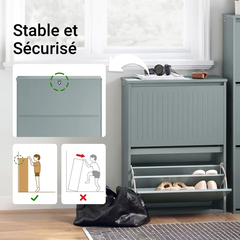 SoBuy FSR165-K-HG Meuble à Chaussures à Abattants 2 Niveaux – Rangement Discret pour Entrée – 61x26x81 cm Gris