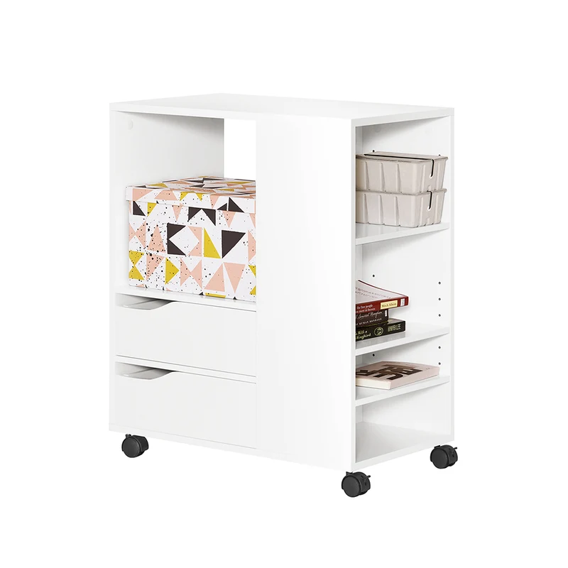 SoBuy FBT129-W Caisson de Bureau à 2 Tiroirs Support Imprimante sur Roulettes Bureau Mobile avec Étagères Ouvertes pour Documents Format A4