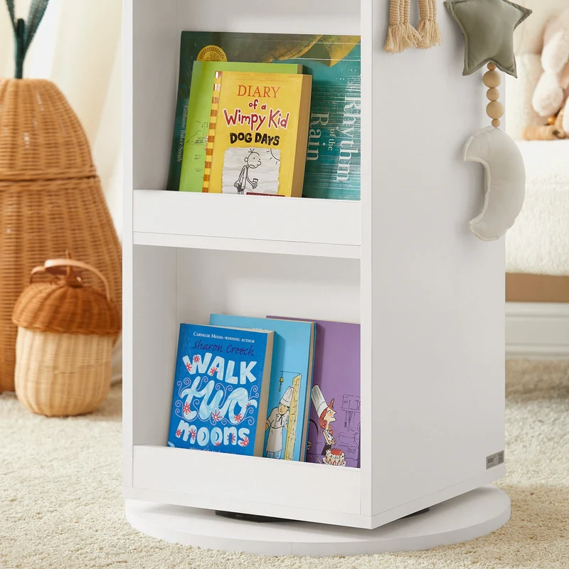SoBuy KMB64-W Étagère Enfant, Étagère à Livres, Bibliothèque Rotative à 360, Étagère de Rangement avec Tableau Noir
