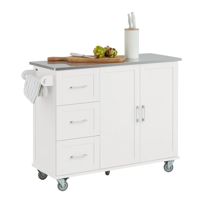 SoBuy FKW30-II-W Desserte sur roulettes, Meuble Chariot de Cuisine de Service Roulant avec 3 tiroir et 1 Grande Armoire de Rangement, Plateau en Acier