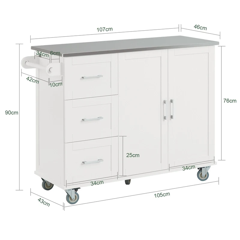 SoBuy FKW30-II-W Desserte sur roulettes, Meuble Chariot de Cuisine de Service Roulant avec 3 tiroir et 1 Grande Armoire de Rangement, Plateau en Acier