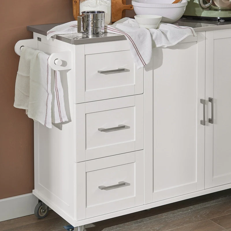 SoBuy FKW30-II-W Desserte sur roulettes, Meuble Chariot de Cuisine de Service Roulant avec 3 tiroir et 1 Grande Armoire de Rangement, Plateau en Acier
