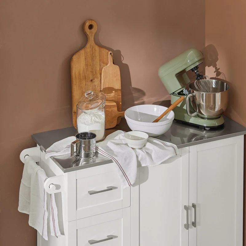 SoBuy FKW30-II-W Desserte sur roulettes, Meuble Chariot de Cuisine de Service Roulant avec 3 tiroir et 1 Grande Armoire de Rangement, Plateau en Acier