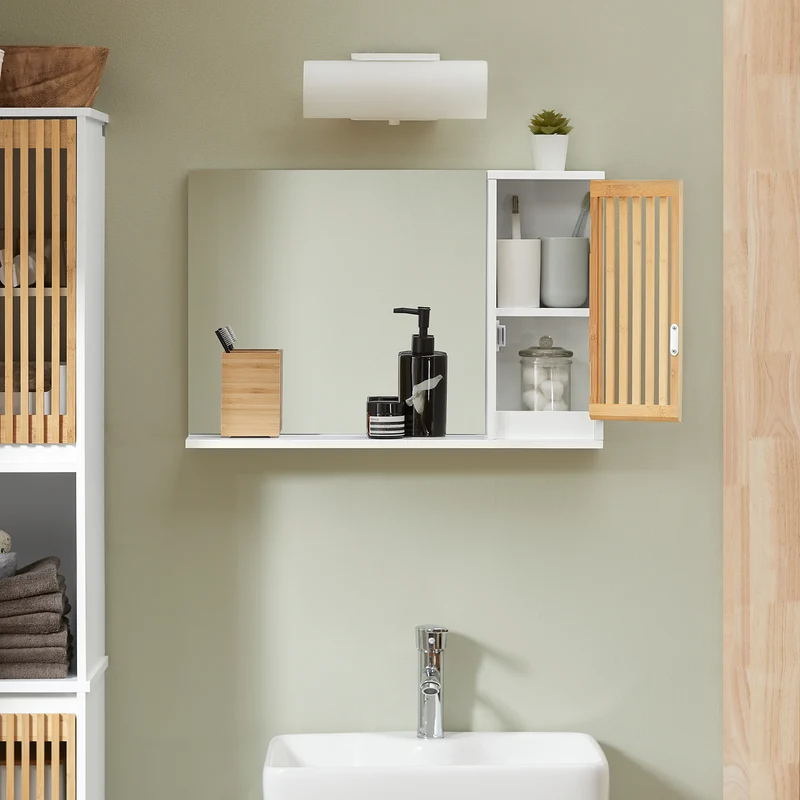 SoBuy BZR128-W Miroir de Salle de Bain avec Étagère Plateau Commode Armoire Murale Miroir Mural Meuble Salle de Bain Suspendue Placard Mural