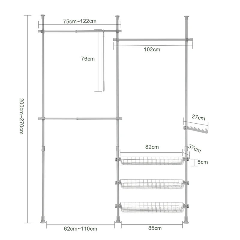 SoBuy FRG34-HG Penderie Garde-Robe Portant de vêtement 3 Barres 3 paniers