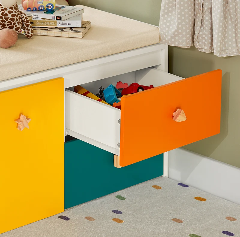 SoBuy KMB82-W Banc de Rangement pour Livres et Jouets pour Enfant, Coffre à Jouets Enfant avec 2 Coffres à Roulettes et 2 Tiroirs Coulissant