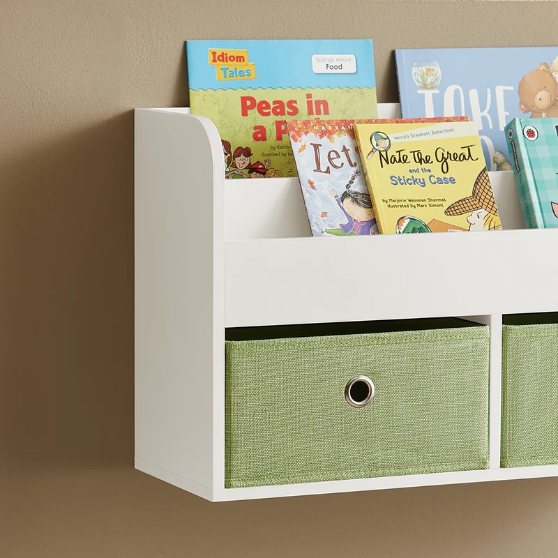 SoBuy KMB81-W Étagères Suspendue, Bibliothèque Murale pour Enfant, Étagère Murale pour Jouets et Livres à 2 Niveaux avec 2 Boîtes