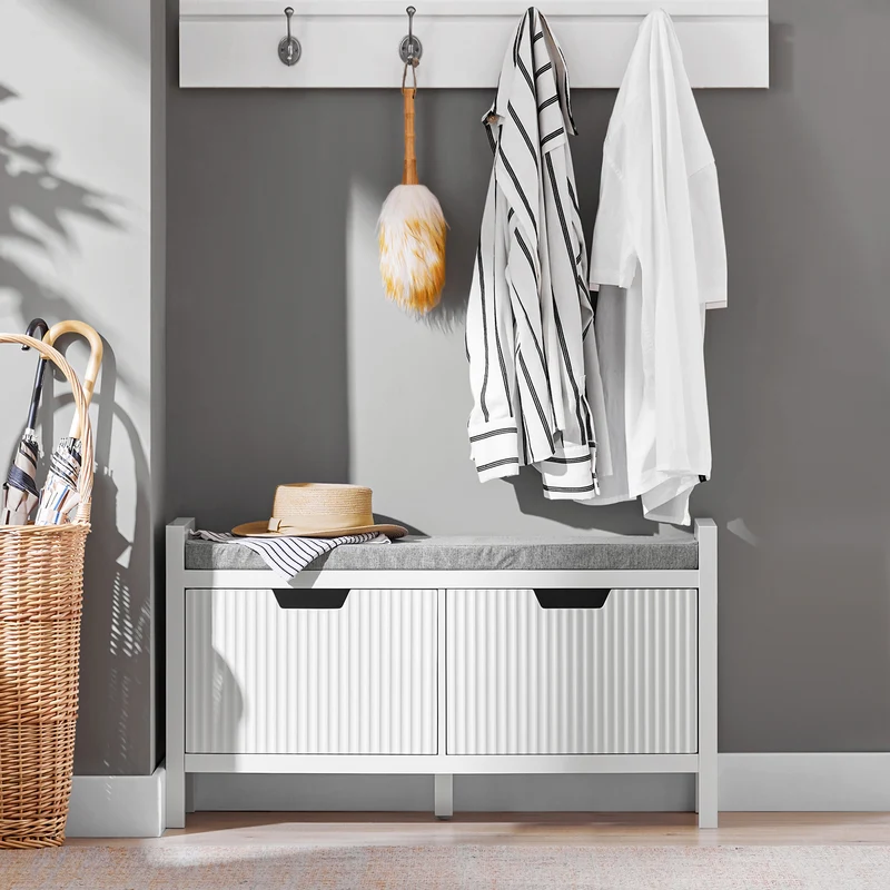 SoBuy FSR146-W Banc à Chaussures avec Coussin Rembourré et 2 Portes pour Entrée Couloir – 91x30x50 cm, Blanc