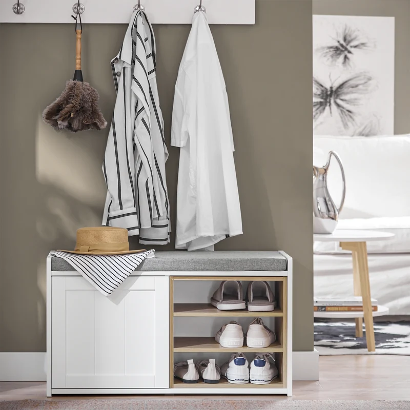 SoBuy FSR109-WN Banc à Chaussures avec Coussin Rembourré et Étagère Amovible pour Entrée Couloir – 80x35x45 cm, Blanc et Naturel