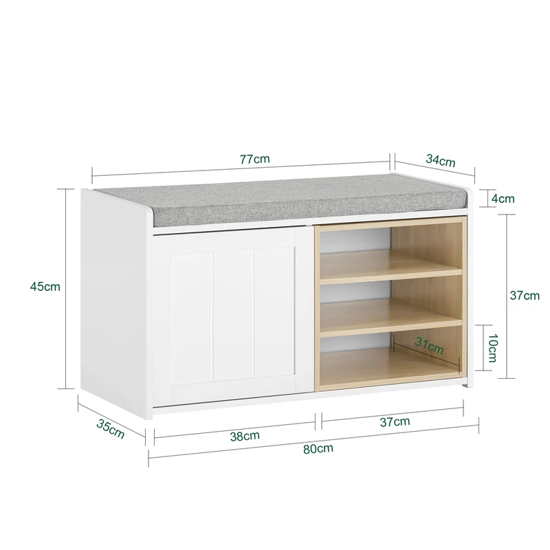 SoBuy FSR109-WN Banc à Chaussures avec Coussin Rembourré et Étagère Amovible pour Entrée Couloir – 80x35x45 cm, Blanc et Naturel