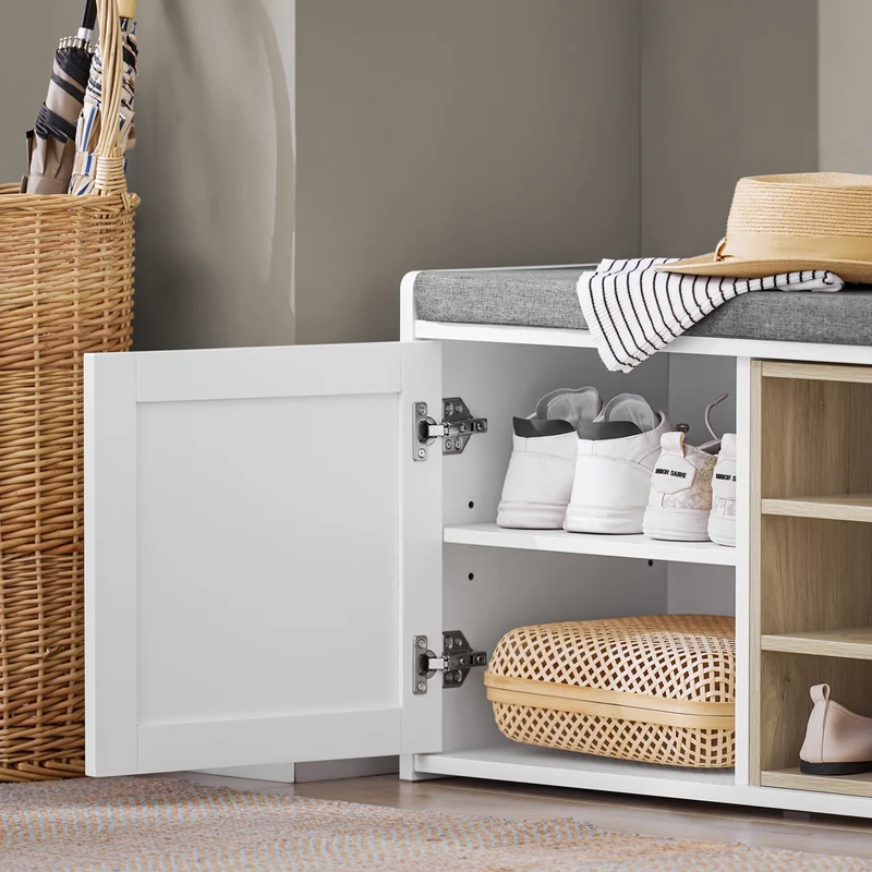 SoBuy FSR109-WN Banc à Chaussures avec Coussin Rembourré et Étagère Amovible pour Entrée Couloir – 80x35x45 cm, Blanc et Naturel