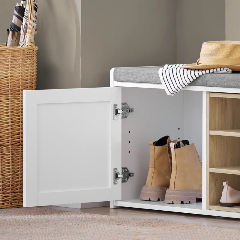 SoBuy FSR109-WN Banc à Chaussures avec Coussin Rembourré et Étagère Amovible pour Entrée Couloir – 80x35x45 cm, Blanc et Naturel
