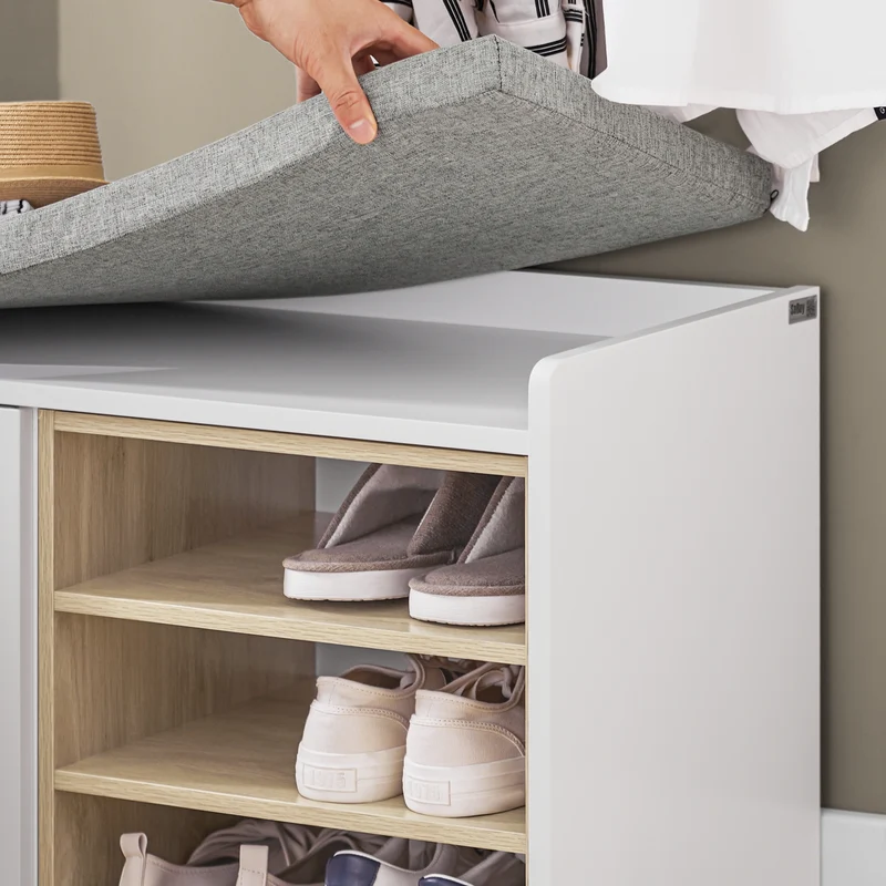 SoBuy FSR109-WN Banc à Chaussures avec Coussin Rembourré et Étagère Amovible pour Entrée Couloir – 80x35x45 cm, Blanc et Naturel