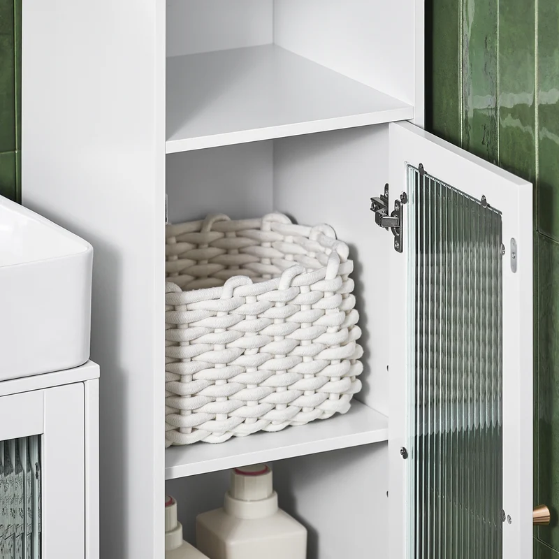 SoBuy BZR118-W Meuble Colonne de Salle de Bain Étagère étroite Armoire Haute Placard de Rangement avec 2 Portes en Verre, 2 Compartiments Ouverts