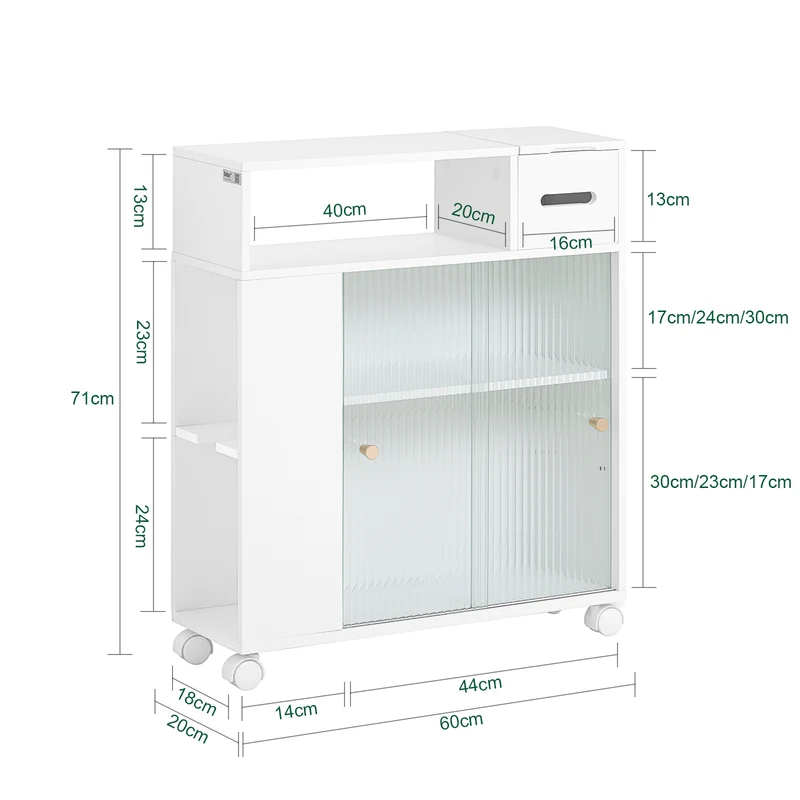 SoBuy BZR117-W Armoire WC Toilettes, Meuble Étroit Salle de Bain sur Roulettes, Support Papier Toilette avec 2 Portes Coulissantes en Verre