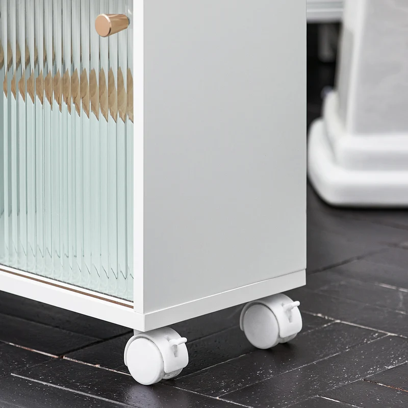 SoBuy BZR117-W Armoire WC Toilettes, Meuble Étroit Salle de Bain sur Roulettes, Support Papier Toilette avec 2 Portes Coulissantes en Verre