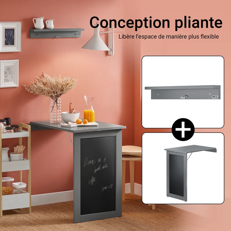 SoBuy FWT20-HG Table Murale Rabattable à Manger Pliable avec Tableau Mémo Extensible Gain de Place pour Cuisine, Bureau et Petits Espaces Gris 50cm x 75cm x 76cm
