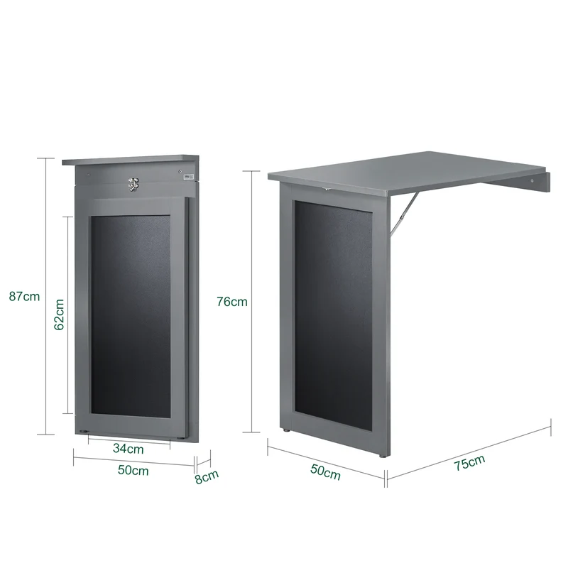 SoBuy FWT20-HG Table Murale Rabattable à Manger Pliable avec Tableau Mémo Extensible Gain de Place pour Cuisine, Bureau et Petits Espaces Gris 50cm x 75cm x 76cm