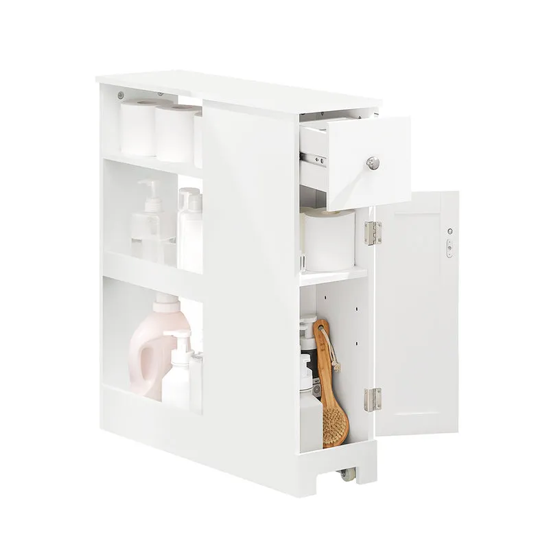 SoBuy BZR106-W Meuble de Rangement Salle de Bain Étroit sur Roulettes, Support Papier Toilette, Armoire Toilettes WC Compact Chariot de Stockage