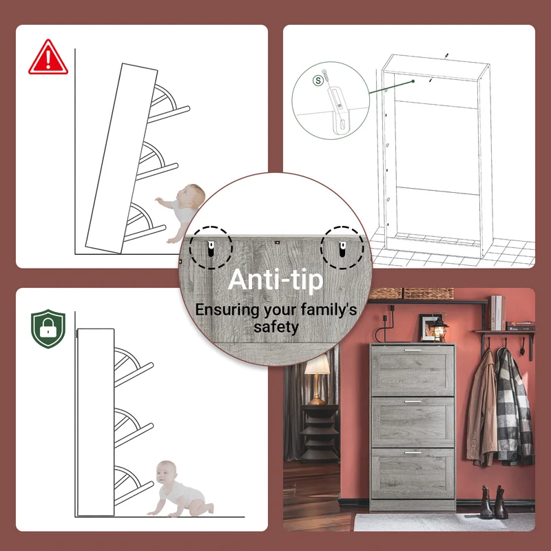 SoBuy FSR137-L-HG Meuble à Chaussures à Abattants 3 Niveaux Grande Capacité – Rangement Discret pour Entrée – Gris Effet Bois