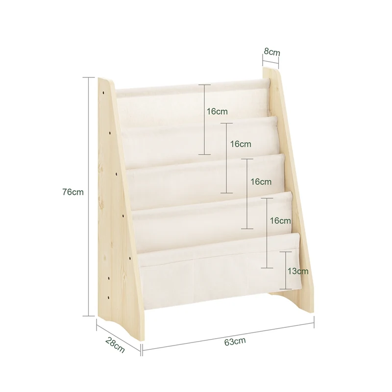 SoBuy KMB50-N Bibliothèque Enfant Meuble Rangement Jouet et Livres pour Chambre Enfant Étagère à Livre avec 4 Compartiments et 3 Poches Tissu Naturel 63x28x76cm